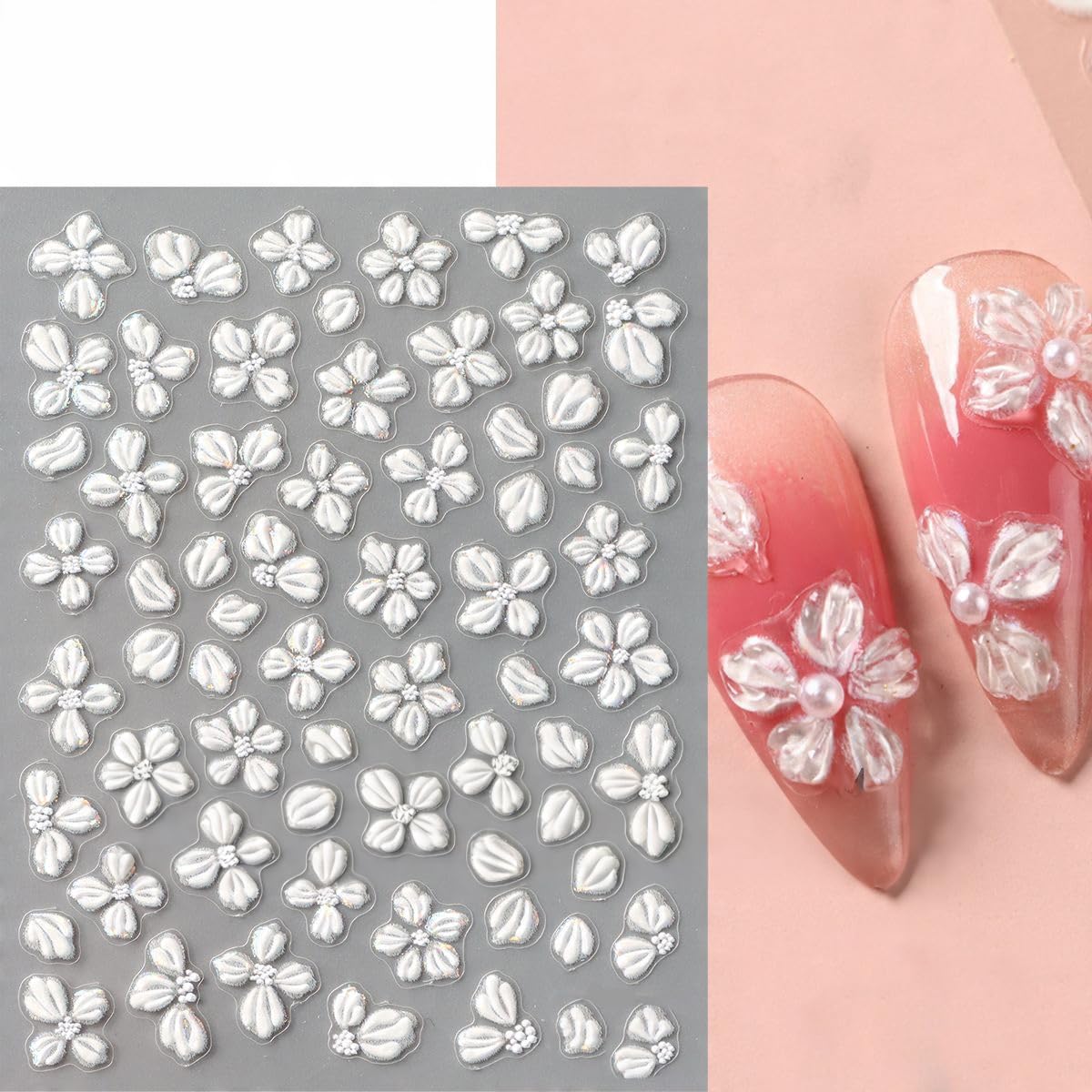 S.A.V.I 4 Sheets - 3D Floral Nail Art Stickers – Pearl White & Pastel Pink Blue Acrylic Flower Designs, Self-Adhesive Sheets 7×9 cm for DIY Salon-Style Nails at Home