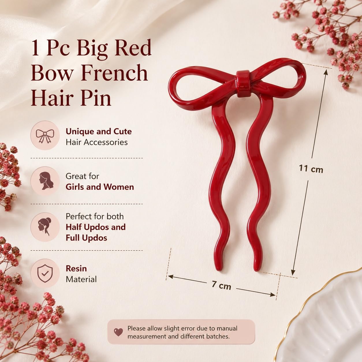 S.A.V.I French Hair Pin Bow Bun Stick for Women 11cm Red | Resin Material, Lightweight, Secure Hold, Half & Full Updos, For Girls & Women