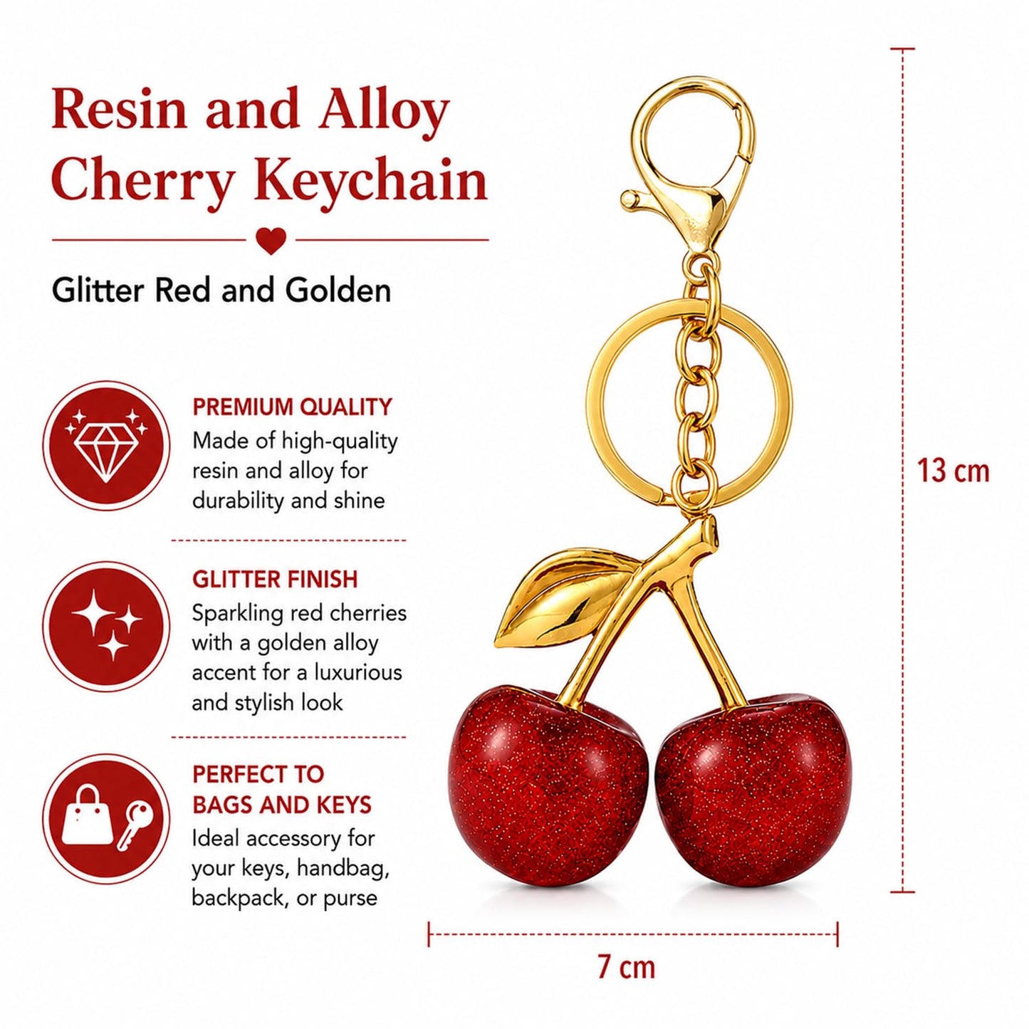 S.A.V.I Cherry Keychain for Women & Girls, Glitter Resin Gold Alloy Charm, Cute Bag Accessory, Purse Pendant, 13 x 7 cm Decorative Key Ring, Red Sparkle Finish, Durable Gift for Handbags & Backpacks