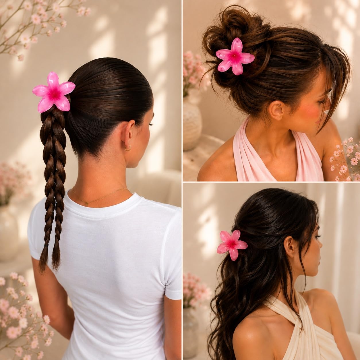 S.A.V.I Pink Floral Hair Claw Clip for Women, Resin, 8 cm | Frangipani Style, Strong Grip, Lightweight, Secure Hold, Casual & Party