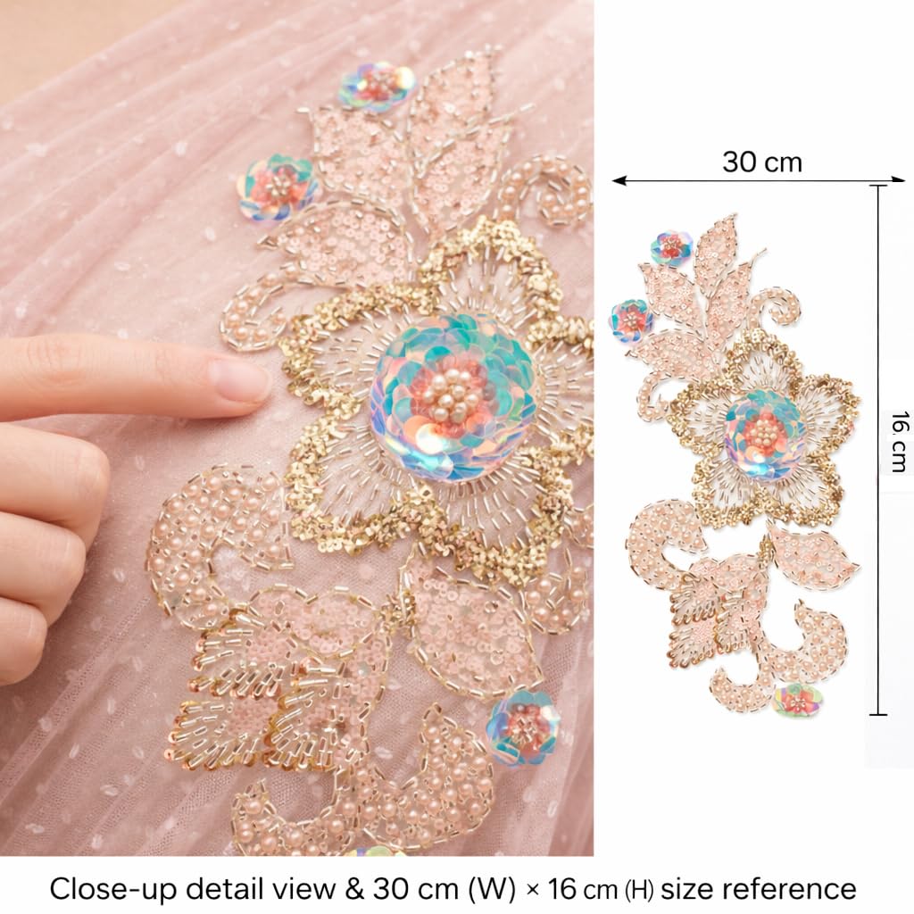 S.A.V.I Hand Embroidered Floral Sew-On Applique Patch (30 x 16 cm), Blush Peach & Gold Sequin Beaded Design for Saree, Kurti, Gown, Blouse & Craft Decoration