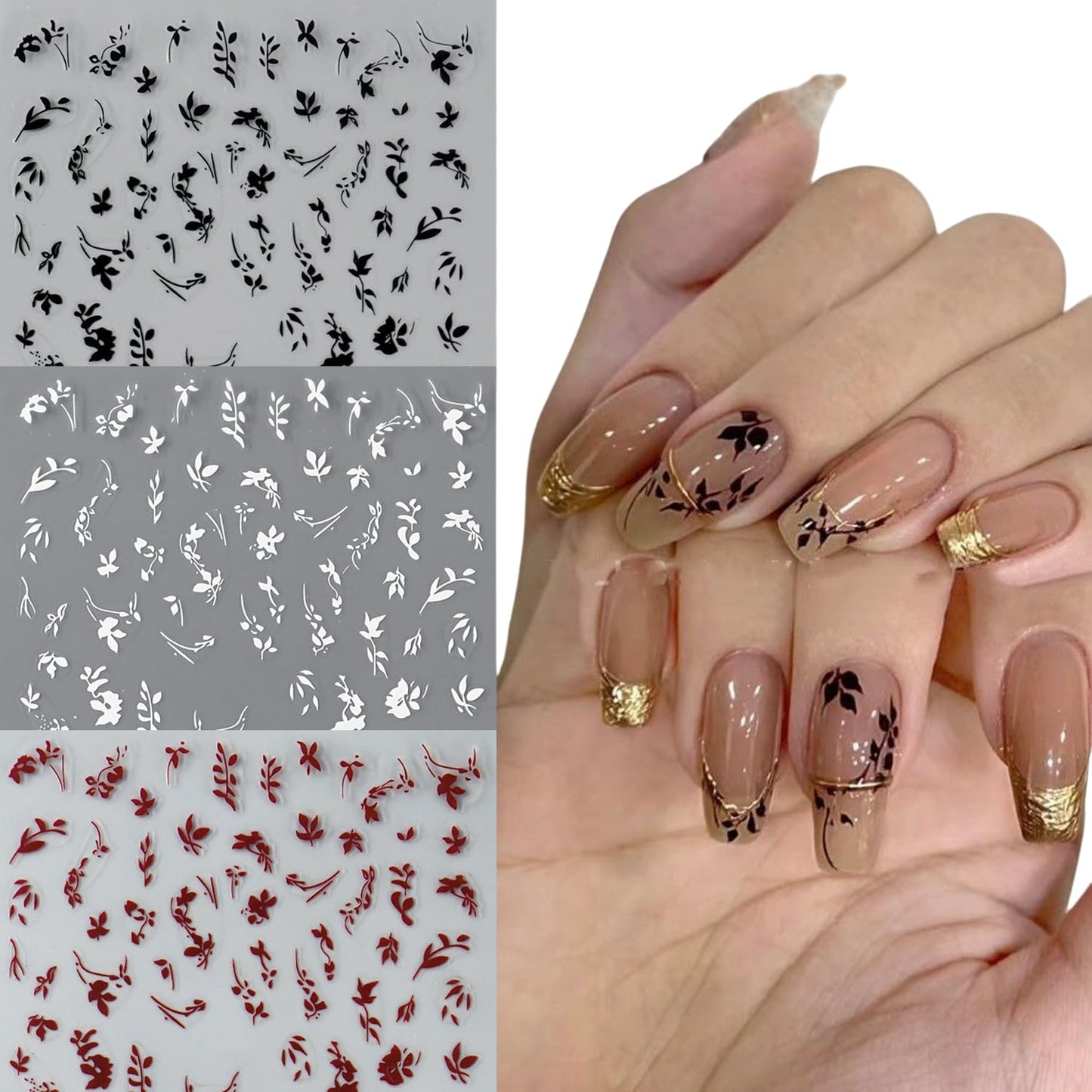 S.A.V.I 3 Sheets - Leaf Design Nail Art Stickers Self Adhesive Floral Nail Decals for DIY Manicure, Black White Red, Salon & Home Use