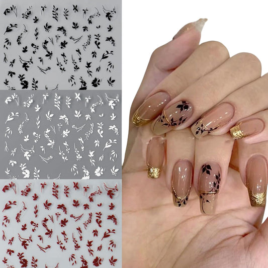 S.A.V.I 3 Sheets - Leaf Design Nail Art Stickers Self Adhesive Floral Nail Decals for DIY Manicure, Black White Red, Salon & Home Use