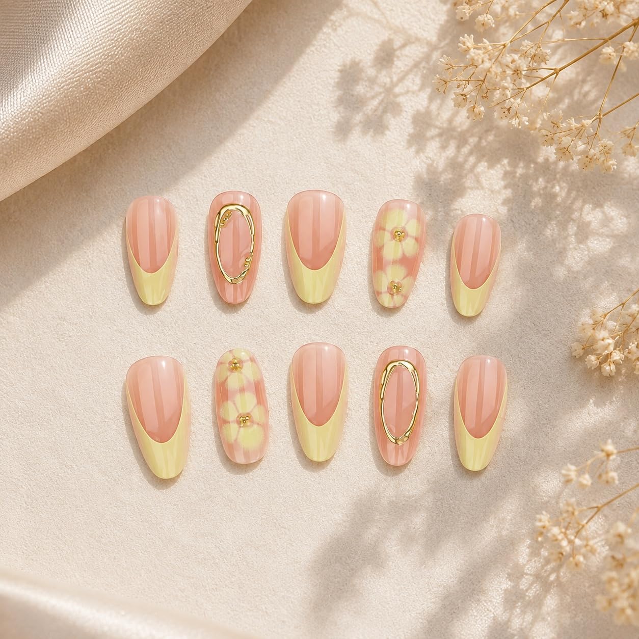 S.A.V.I Floral Almond Press on Nails Yellow Nude Glossy 24 Pcs