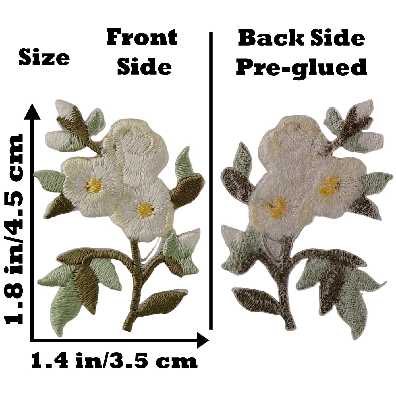 S.A.V.I 2 Pcs Iron-On Embroidered Floral Patch, White & Green Flower Design, 4.5 x 3.5 cm Fabric Applique for Clothes, Dresses, Kurtis, Jeans & DIY Craft Decoration