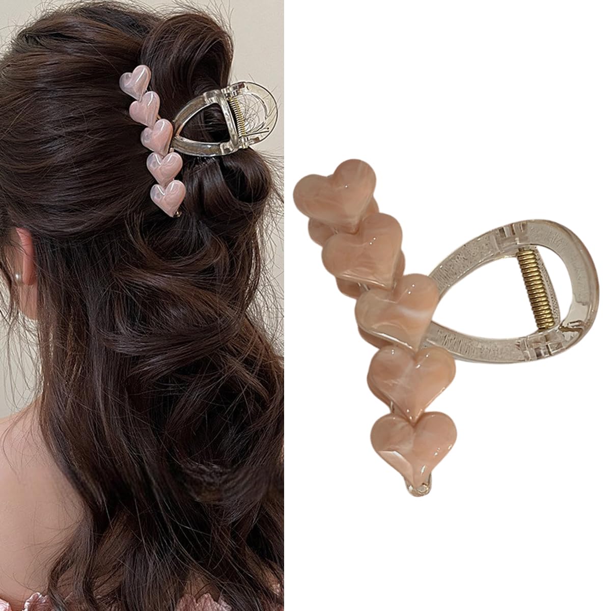 S.A.V.I Heart Design Hair Claw Clip for Women & Girls | Pink Marble Acrylic Large 8cm Clutcher | Strong Grip U-Shape Stylish Hair Accessory for Thick Hair Daily & Party