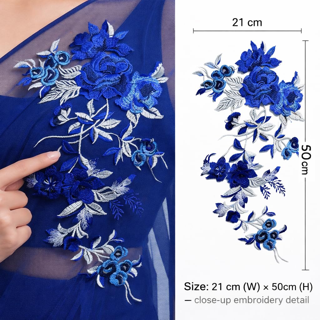 S.A.V.I Royal Blue Floral Lace Applique Patch 21 x 50 cm | Net Fabric Rose Design | Sew-On Embellishment for Saree, Gown, Lehenga & Blouse (Royal Blue)