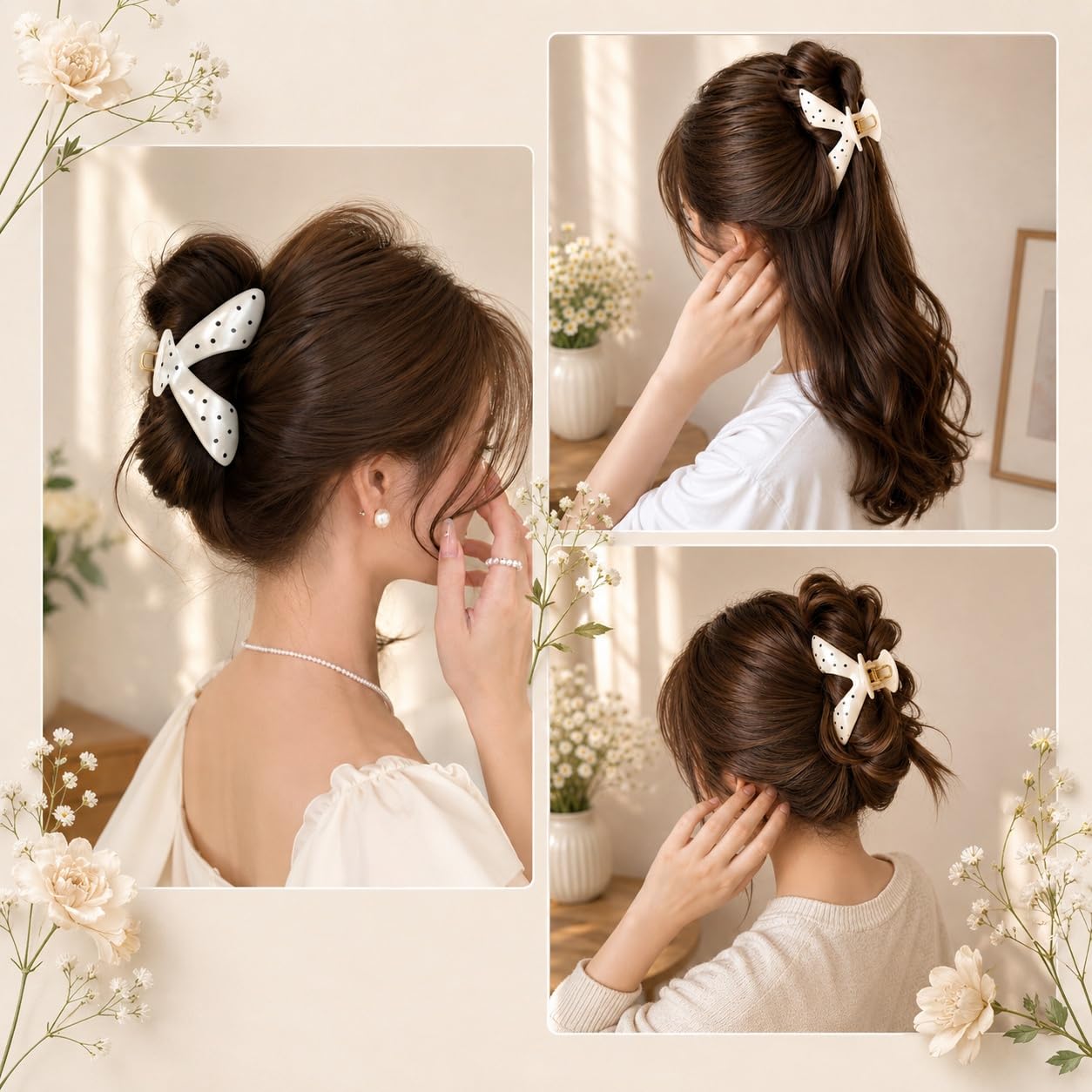 S.A.V.I Resin Hair Claw Clip White Polka Dot Bow 9 cm | Glossy Finish, Secure Hold, Thick & Thin Strands, Half & Full Updos, Lightweight