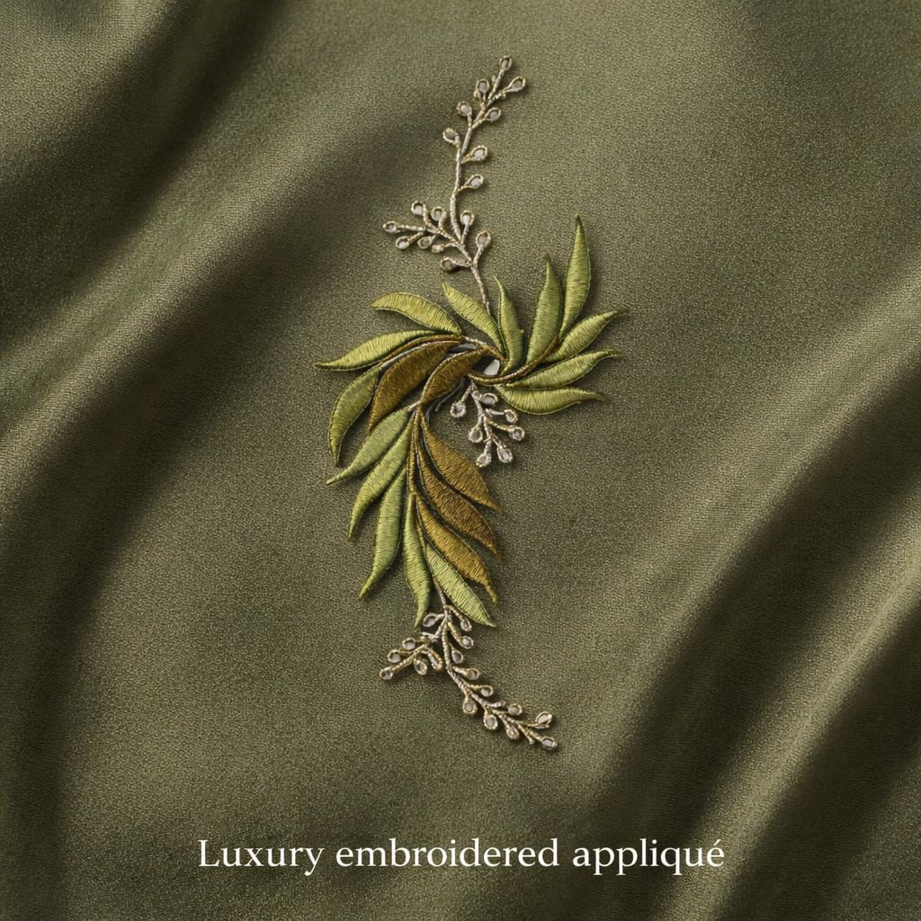 S.A.V.I Green & Silver Floral Iron-On Embroidered Appliqué Patch 7.5 x 17 cm | Leaf Motif Threadwork Design for Dresses, Sarees, Blouses & DIY Fabric Craft (Left, Green, 7.5 x 17 cm)