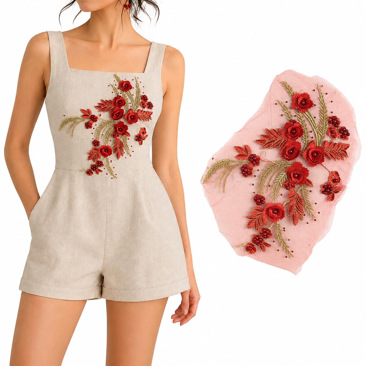 S.A.V.I Floral Embroidery Patch Sew-On Applique Red Gold 34x25cm|DIY Mesh Lace Motif for Kurta, Blouse, Saree, Gown & Dress Neckline, Handcrafted Women’s Garment Embellishment, 1 Pc