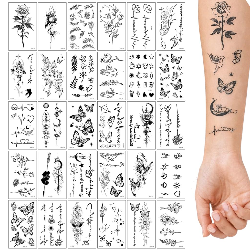 S.A.V.I 30 Sheets Black Floral & Butterfly Temporary Tattoos for Women & Girls | Small Rose, Heart, Moon Body Art Stickers | Waterproof, Non-Toxic, Easy Apply (5.7 x 9.7 cm) (#320)