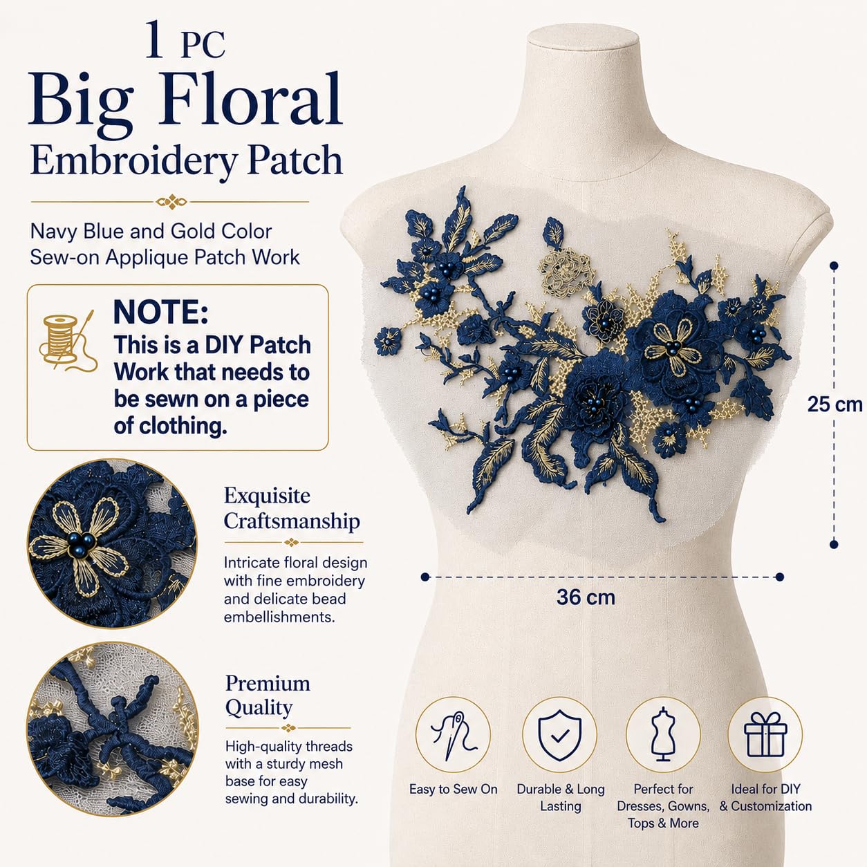 S.A.V.I Floral Embroidery Patch Sew-On Applique Navy Blue 36 x 25 cm|Gold Beaded Lace Motif for DIY Blouse, Gown, Sweater, Kurti & Costume Customization