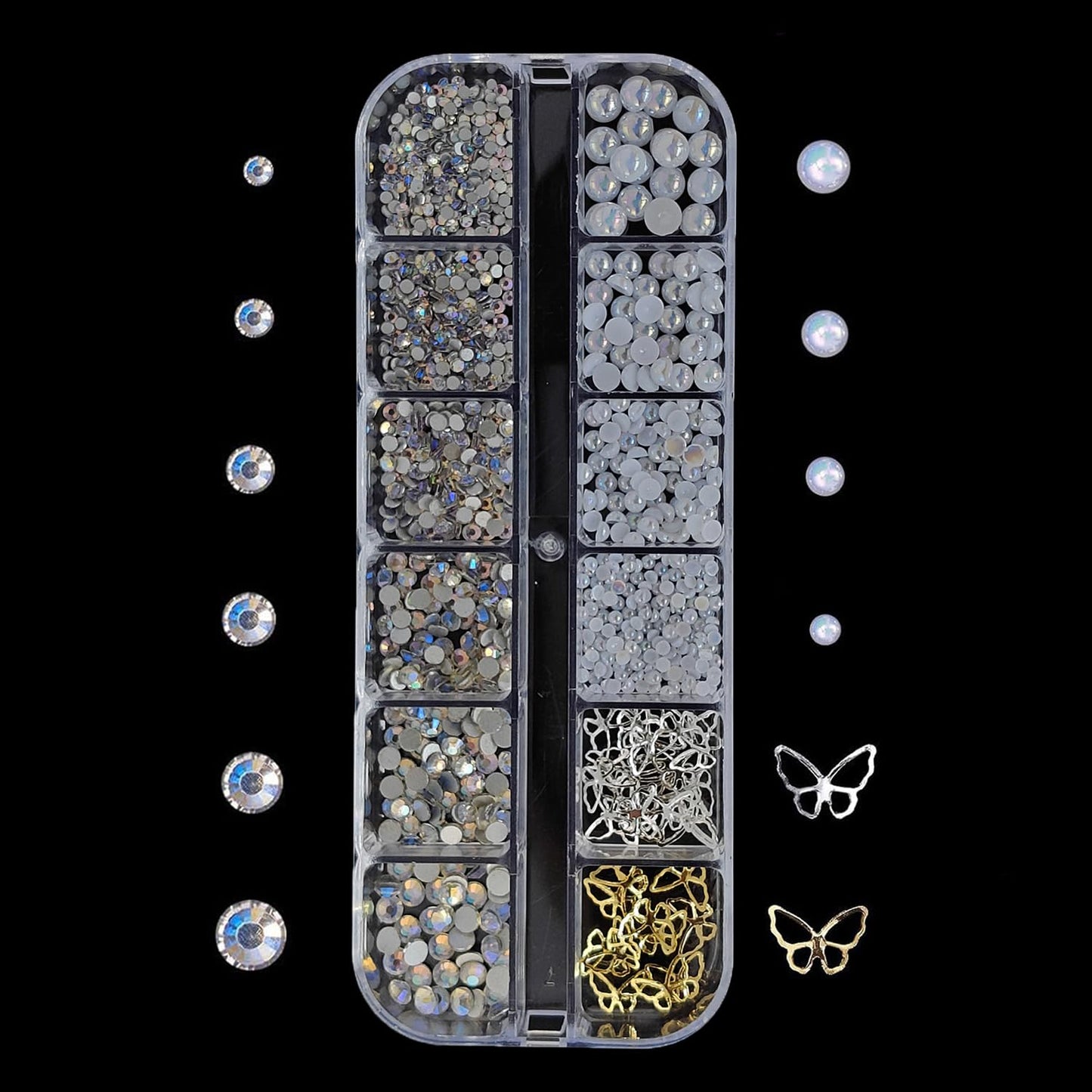 S.A.V.I DIY Nail Art Rhinestone & Pearl Decoration Kit – AB Crystal Glass Flat Back Stones, White Pearls, Gold & Silver Butterfly Charms with 12 Section Storage Box for Gel Acrylic Nails
