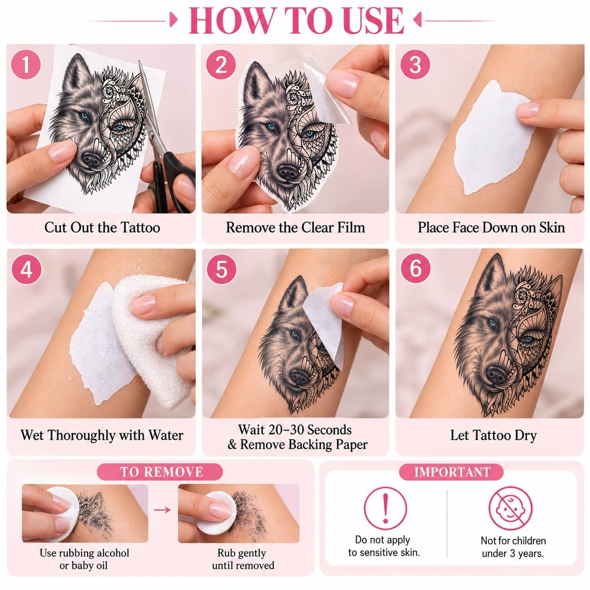 S.A.V.I Temporary Tattoo Stickers Wolf Lion Tiger, 15x21 cm