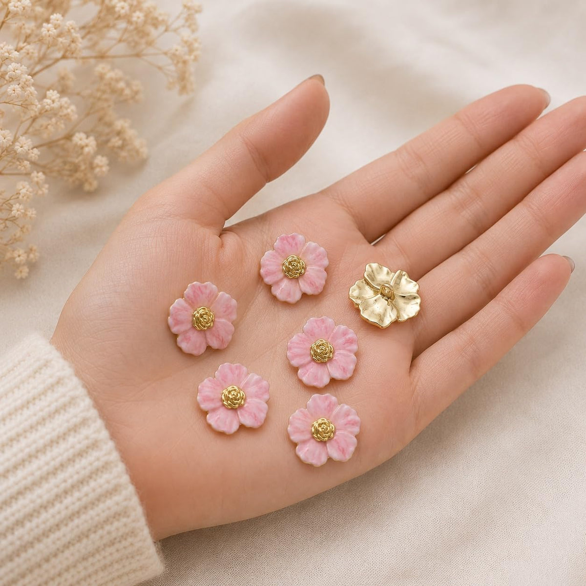 S.A.V.I Blush Pink Petal Gold Rose Shank Buttons 17.5mm | Set of 6, For Kurti & Blouse, DIY Sewing, Decorative Fasteners