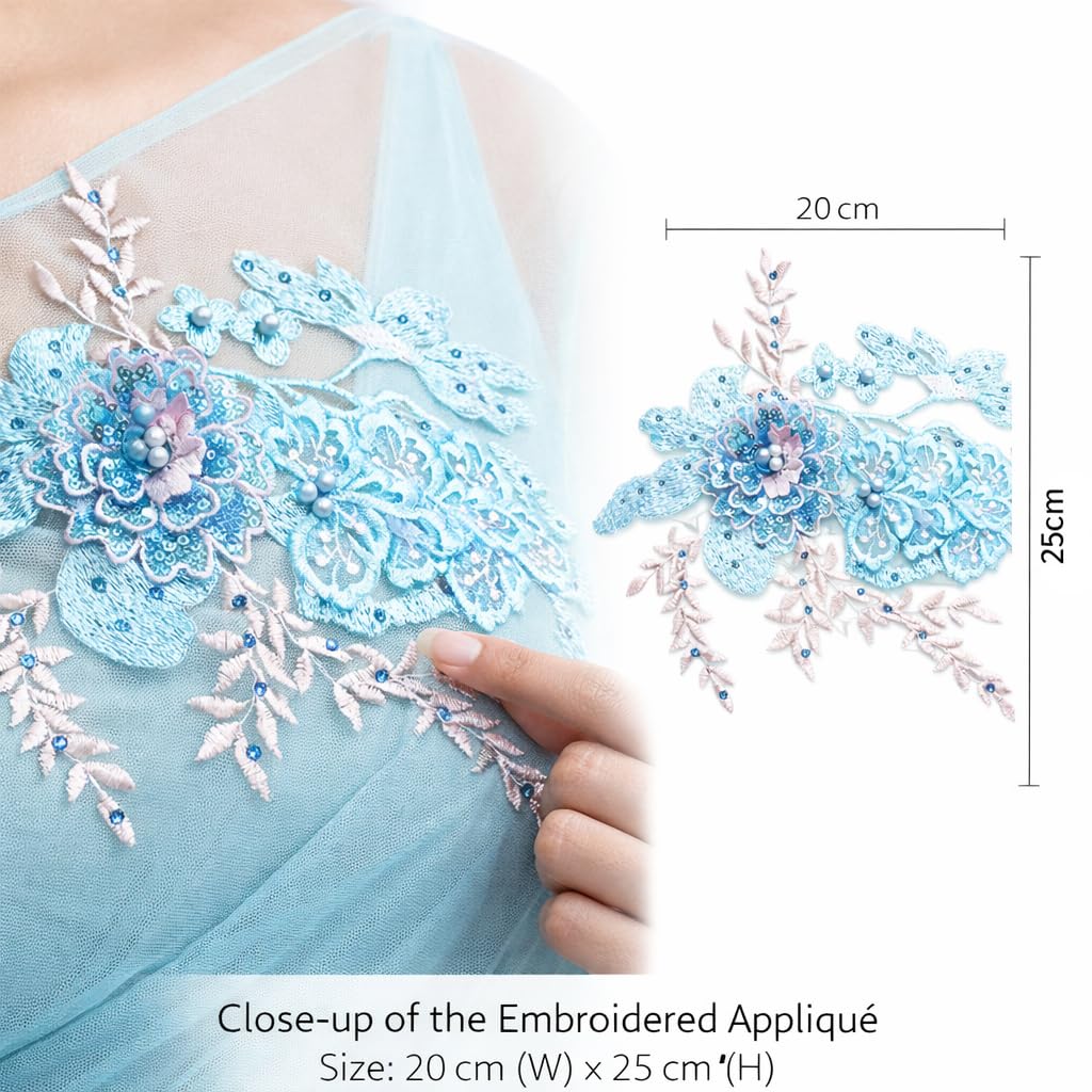 S.A.V.I Luxury Blue Floral Embroidered Appliqué Patch 20 x 25 cm | Sew-On Beaded Lace with Pearls | 3D Flower Design for Dress, Gown, Kurti & Bridal Wear (Blue)