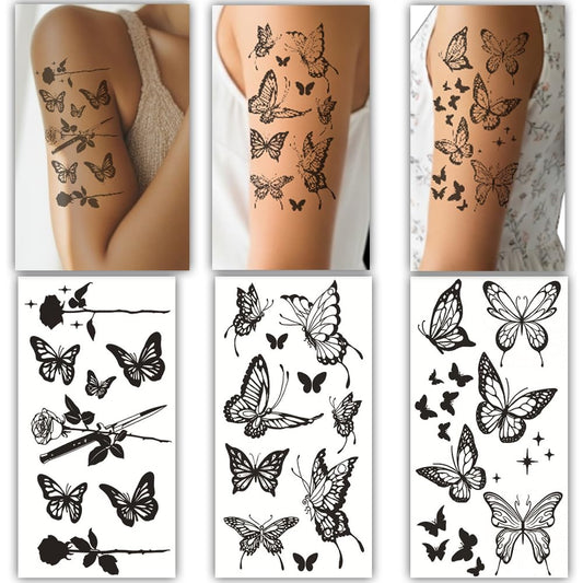 S.A.V.I 3 Black Butterfly Temporary Tattoo Sheets for Women & Girls – Waterproof Body Art Stickers (21x10cm) – Realistic Butterfly & Rose Designs, Safe, Non-Toxic, Easy to Apply & Remove