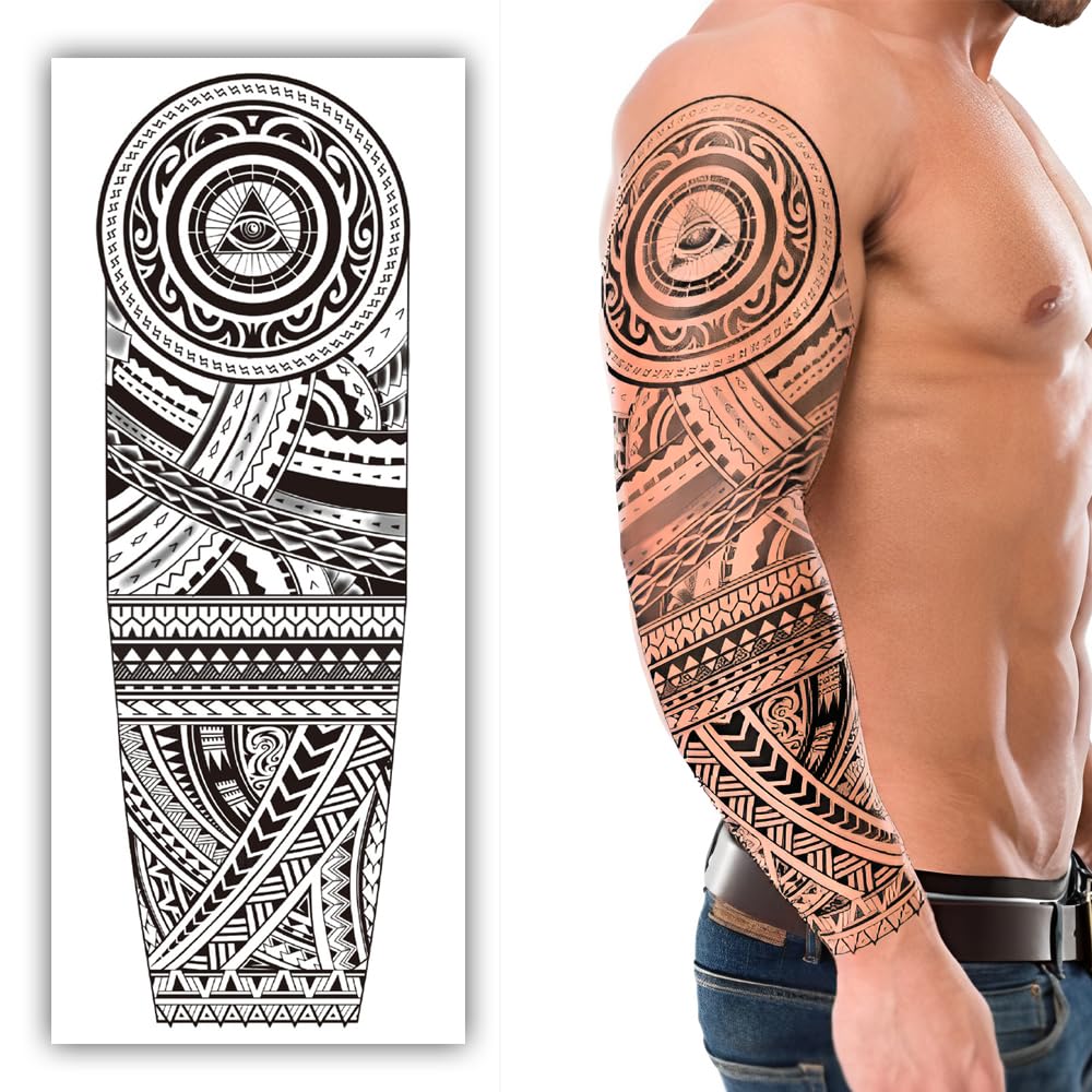 S.A.V.I Full Arm Temporary Tattoo Sleeve for Men – 48x17 cm Black Tribal Design with All-Seeing Eye – Waterproof, Non-Toxic, Easy to Apply & Remove – Long Lasting Body Art Sticker