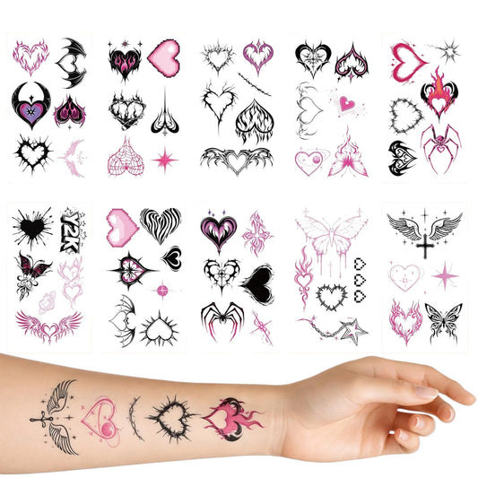 S.A.V.I Pink & Black Gothic Heart Temporary Tattoos – 10 Sheets (6.8x12 cm) Waterproof Non-Toxic Body Art Stickers with Flame, Spider, Wing & Tribal Designs for Women & Girls (#329)