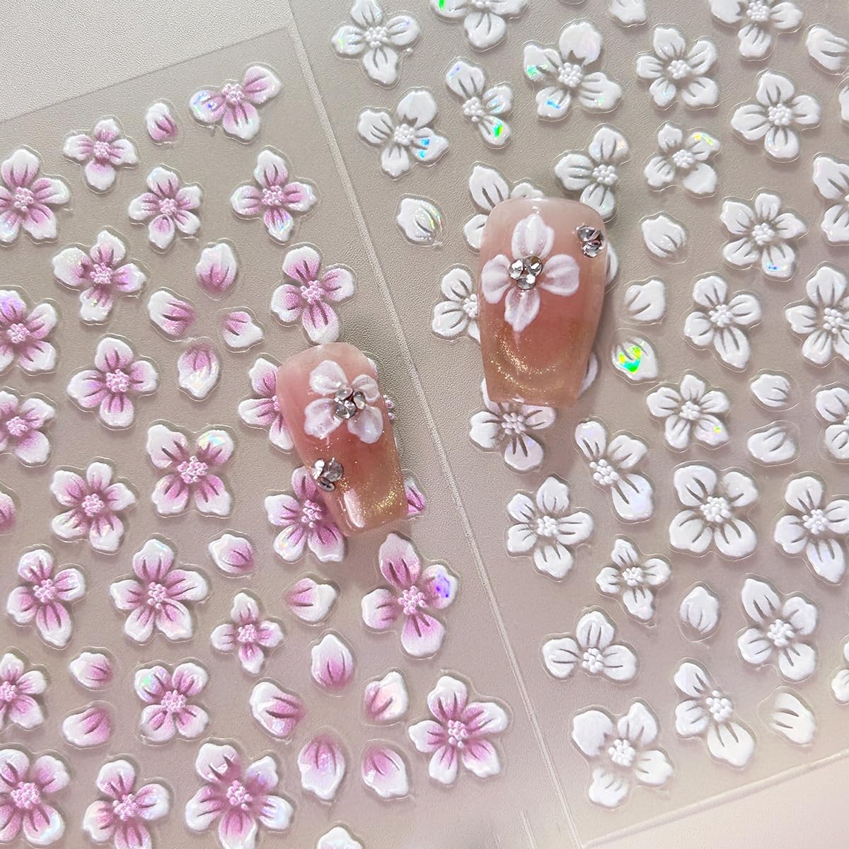 S.A.V.I 4 Sheets - 3D Floral Nail Art Stickers – Pearl White & Pastel Pink Blue Acrylic Flower Designs, Self-Adhesive Sheets 7×9 cm for DIY Salon-Style Nails at Home