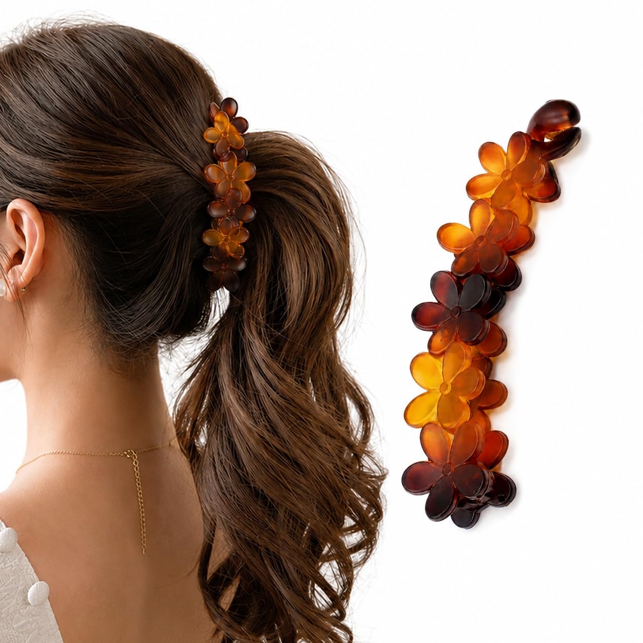 S.A.V.I Banana Hair Clip Floral Barrette for Women, Brown 10 cm | Acetate Material, Secure Lightweight Grip, Office & Party, Ponytail & Half-Up Styles, Daily