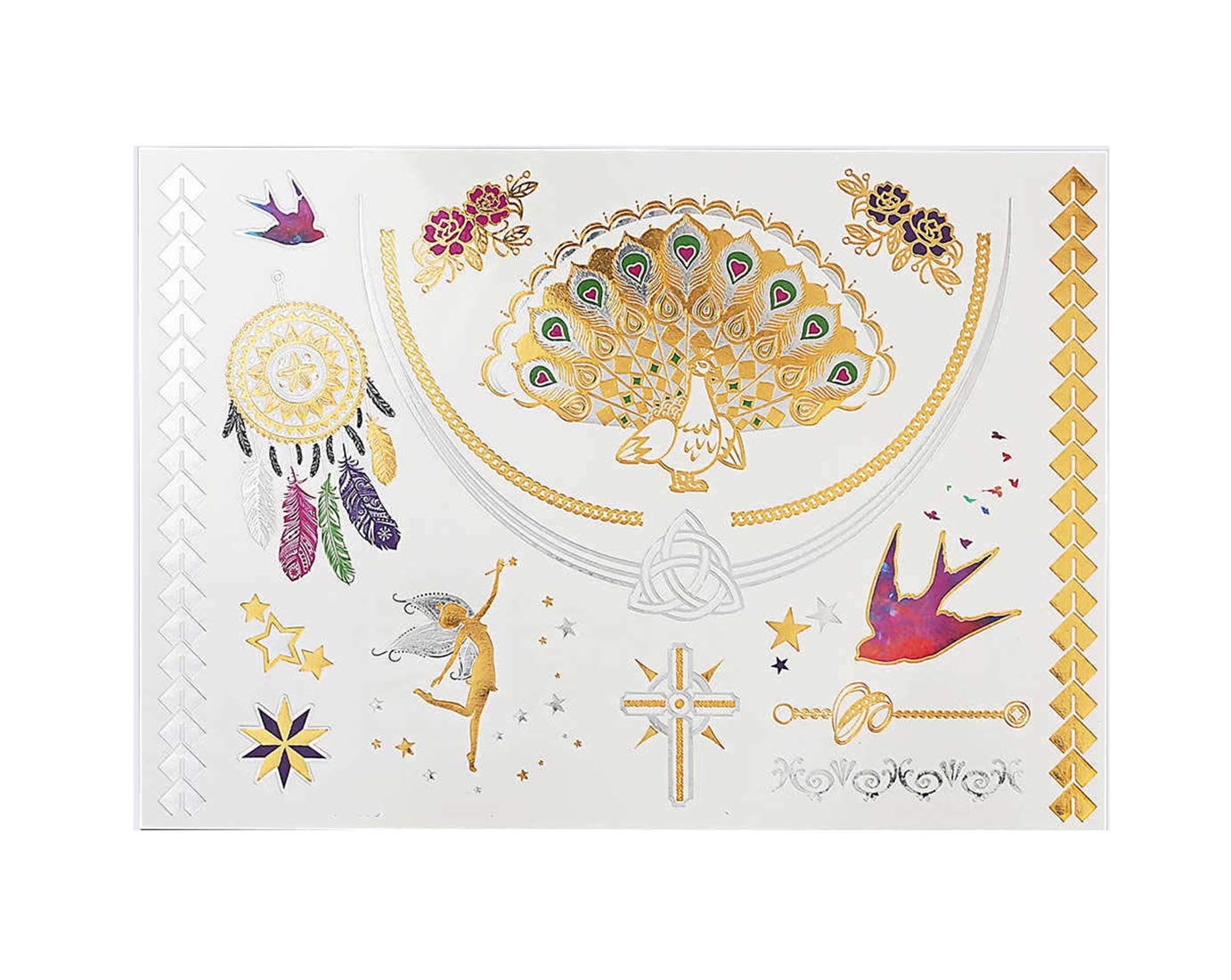S.A.V.I 3D Temporary Tattoo Golden and Silver Metallic Sticker Colourful Butterflies Swans Peacock Design Size 21x15cm - 1pc. (53), Gold, 2 g