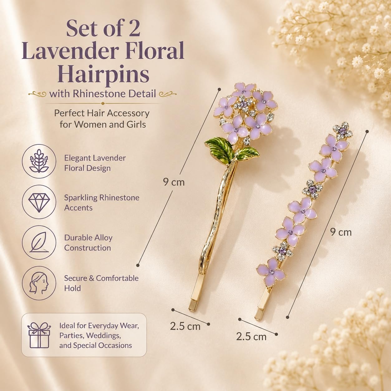S.A.V.I Lavender Rhinestone Alloy Floral Hair Pins, 9 cm | Set of 2, Bobby Clips, Secure Hold, Women & Girls, Parties & Weddings
