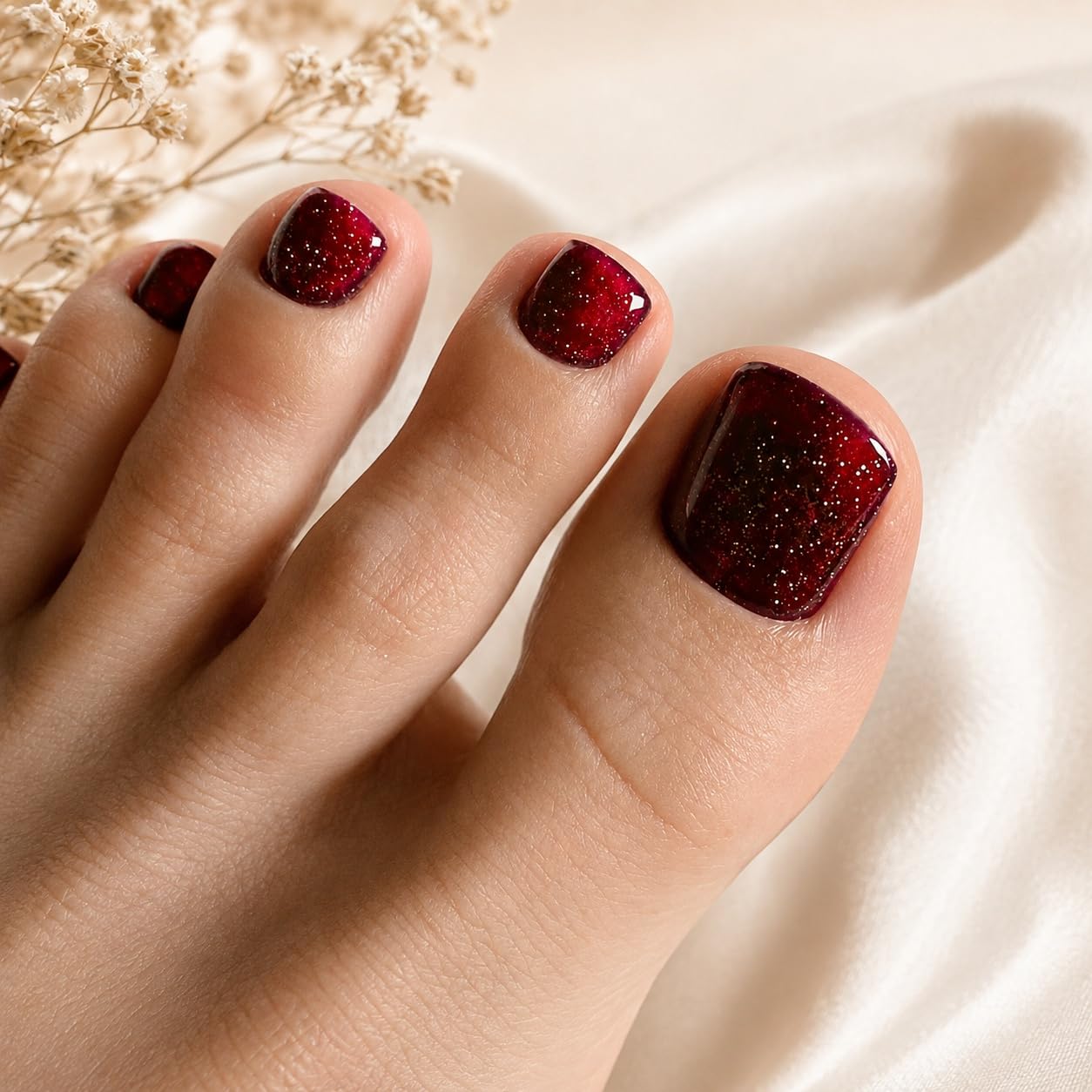 S.A.V.I Press on Toenails 24 Pcs Glittery Red Short Square Shape