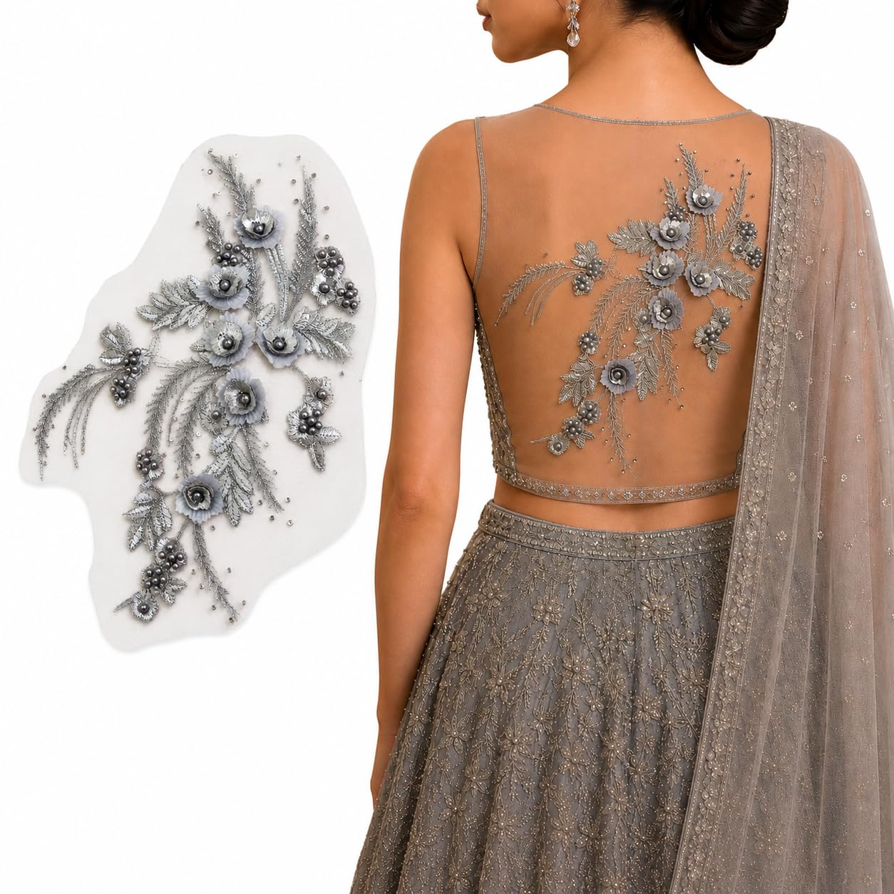S.A.V.I Floral Embroidery Patch with Pearls Grey Silver 34x25cm|Sew-On Applique, DIY Craft & Bridal, Premium Mesh Design, 1 Piece, For Saree Gown Kurti