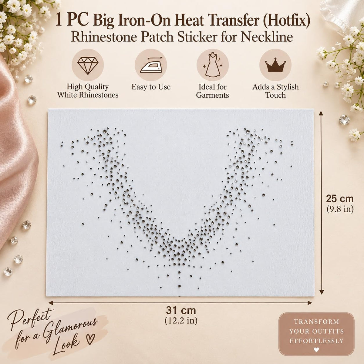 S.A.V.I Iron-On Rhinestone Neckline Patch White 31x25 cm