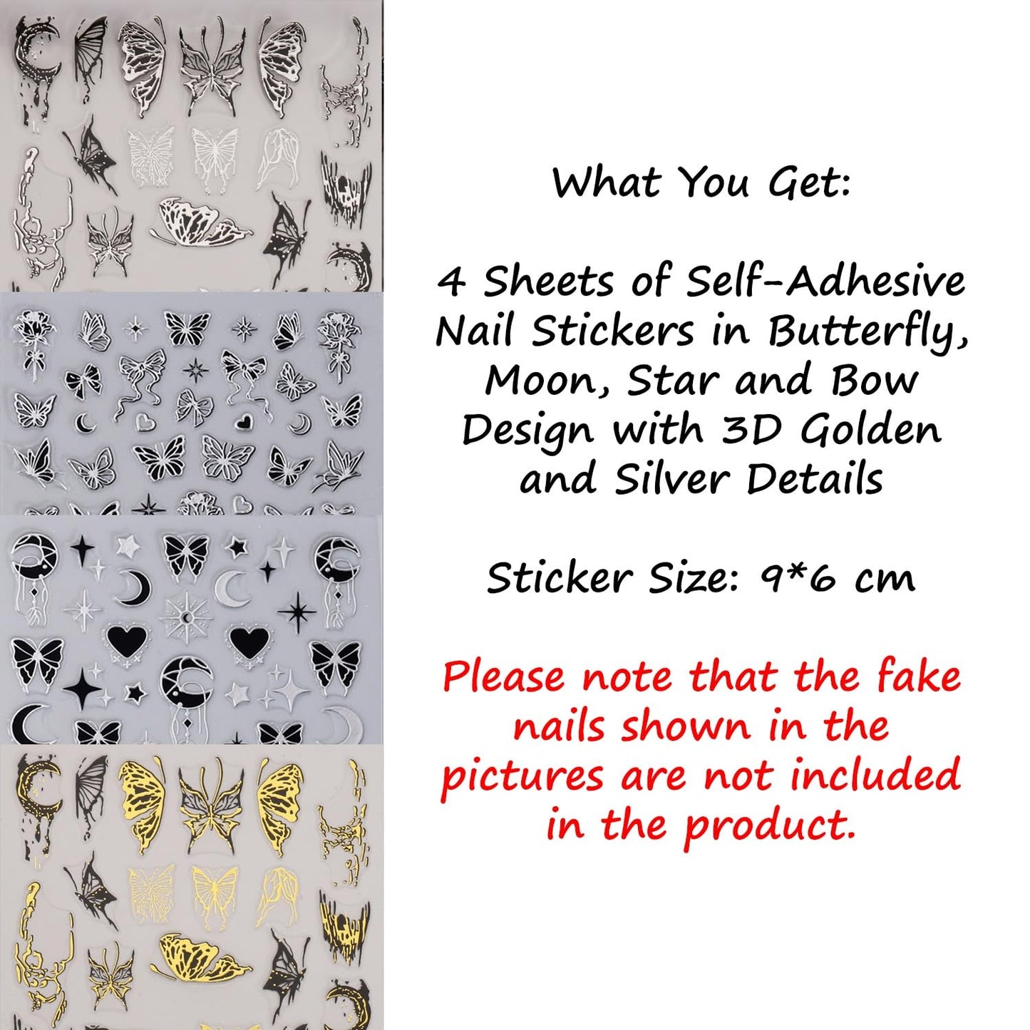 S.A.V.I 4 Sheets - 3D Self-Adhesive Nail Art Stickers Set, Gold & Silver Butterfly Moon Star Bow Designs, Metallic Decals for Acrylic Gel & Natural Nails, 9×6 cm