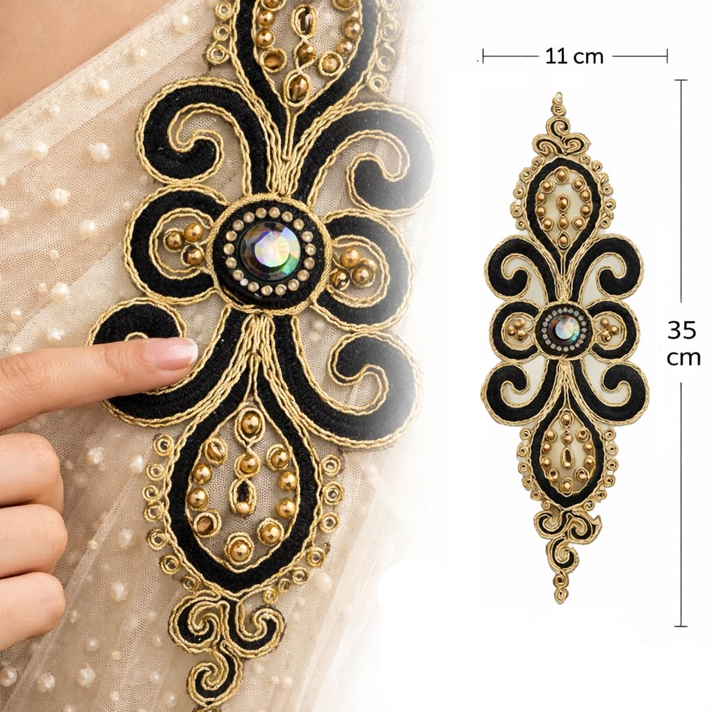 S.A.V.I Pair of Black & Gold Embroidered Sew-On Applique 35 x 11 cm | Handcrafted Zardozi Look Floral Motif with Beads & Stones | Designer Neckline Patch for Kurtis, Gowns & Dresses (Black-Gold)