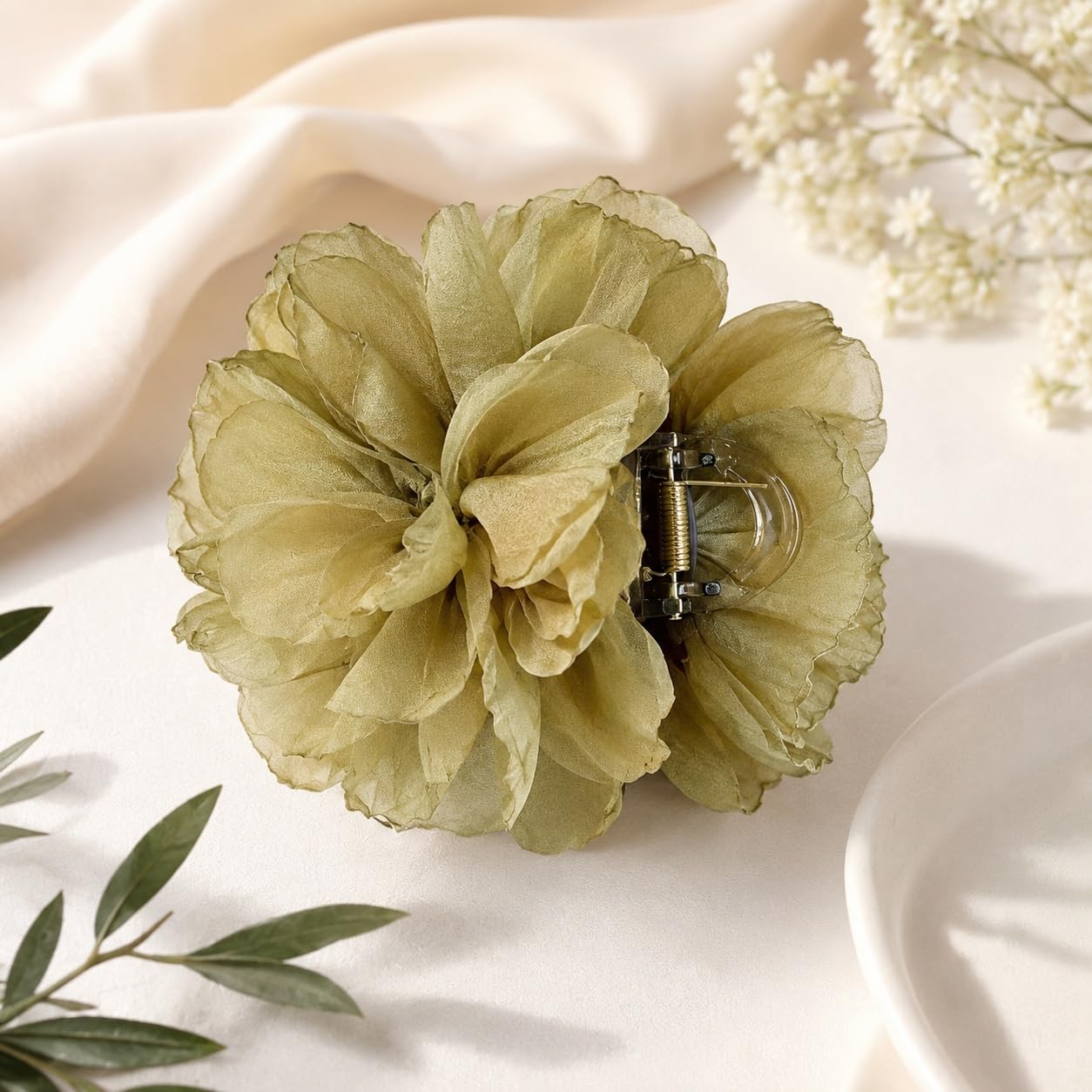 S.A.V.I Floral Hair Claw Clip for Women, Olive Green, 8 cm | Lightweight Mesh, Strong Grip, Everyday Styling, Office & Party Use, Blossom Design