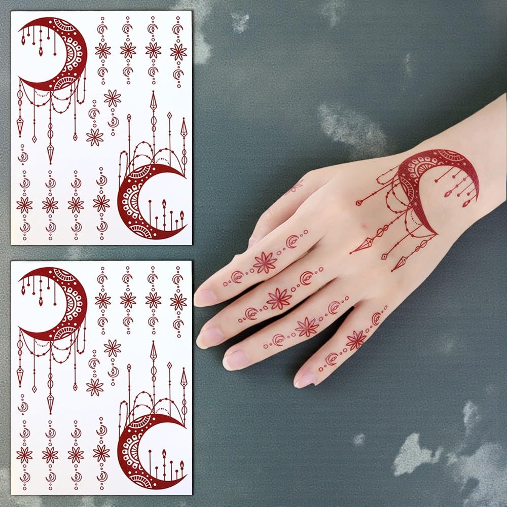 S.A.V.I 2Pcs Natural Islamic Henna Mehndi Temporary Tattoo Stickers for Women – Crescent Moon, Mosque & Mandala Design, Waterproof Skin-Safe Transfer Body Art for Eid, Nikah & Festivals (#57)