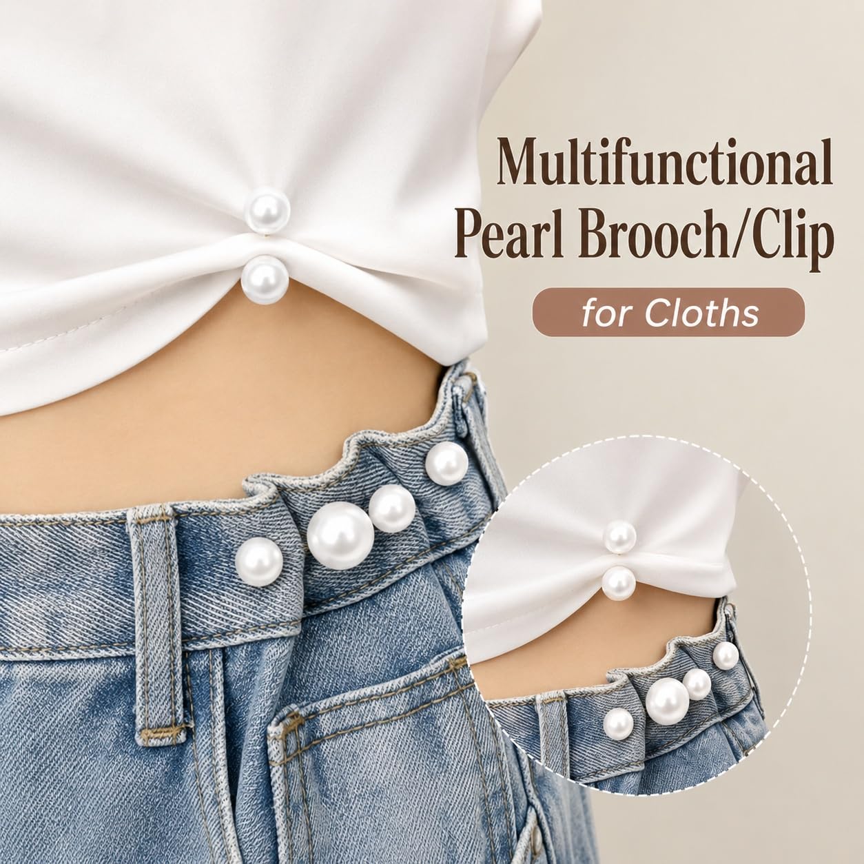 S.A.V.I Pearl Waist Tightener Pins for Jeans, Skirts, Gold Tone, Set of 3 | No-Sew Fit Adjuster, Faux Pearl Clips, for Dresses & Shirts, Women & Girls, Durable Design
