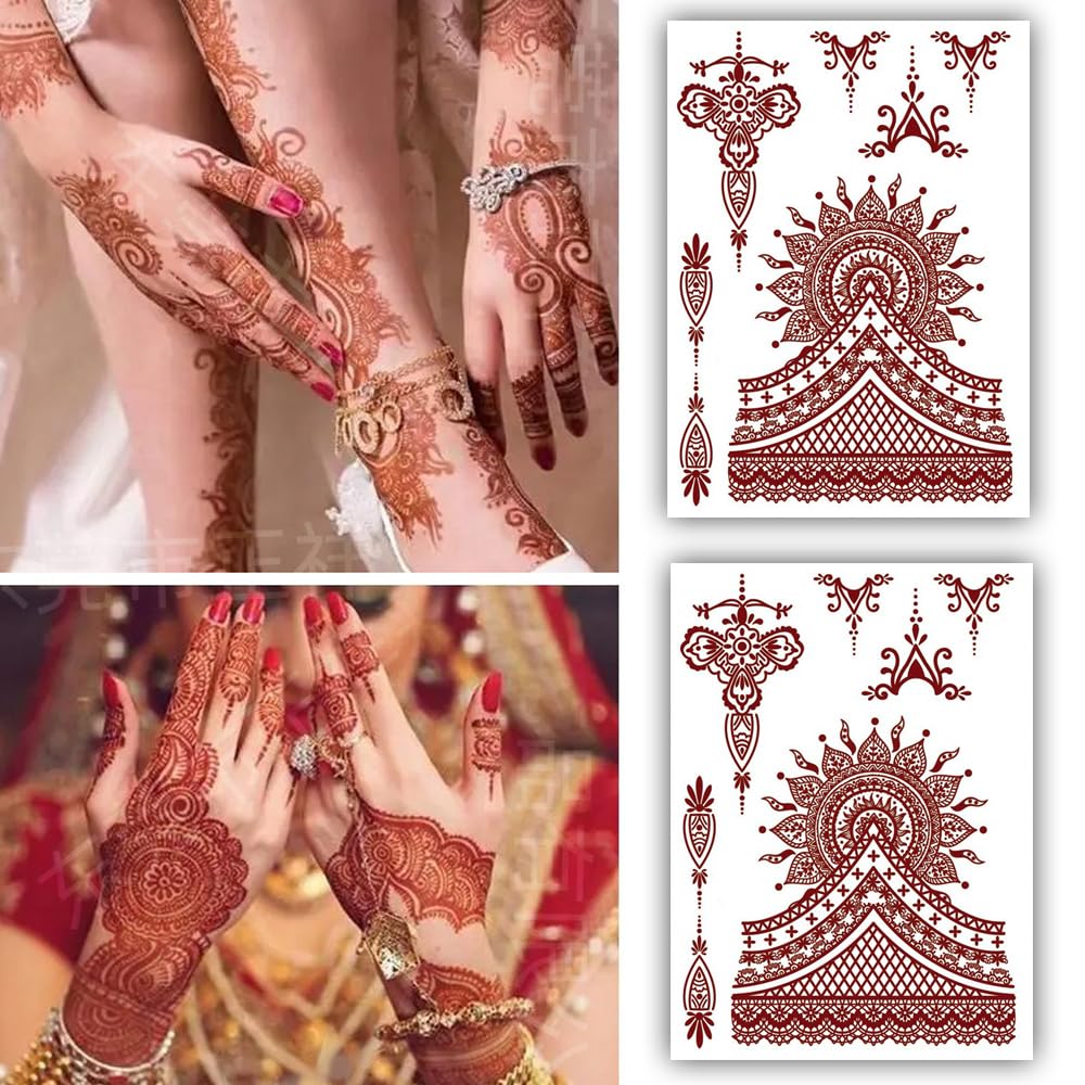 S.A.V.I 2 Sheets Natural Henna Mehendi Tattoo Stickers – Waterproof for Women's Hands, Arms  Body Decor - 21x15cm