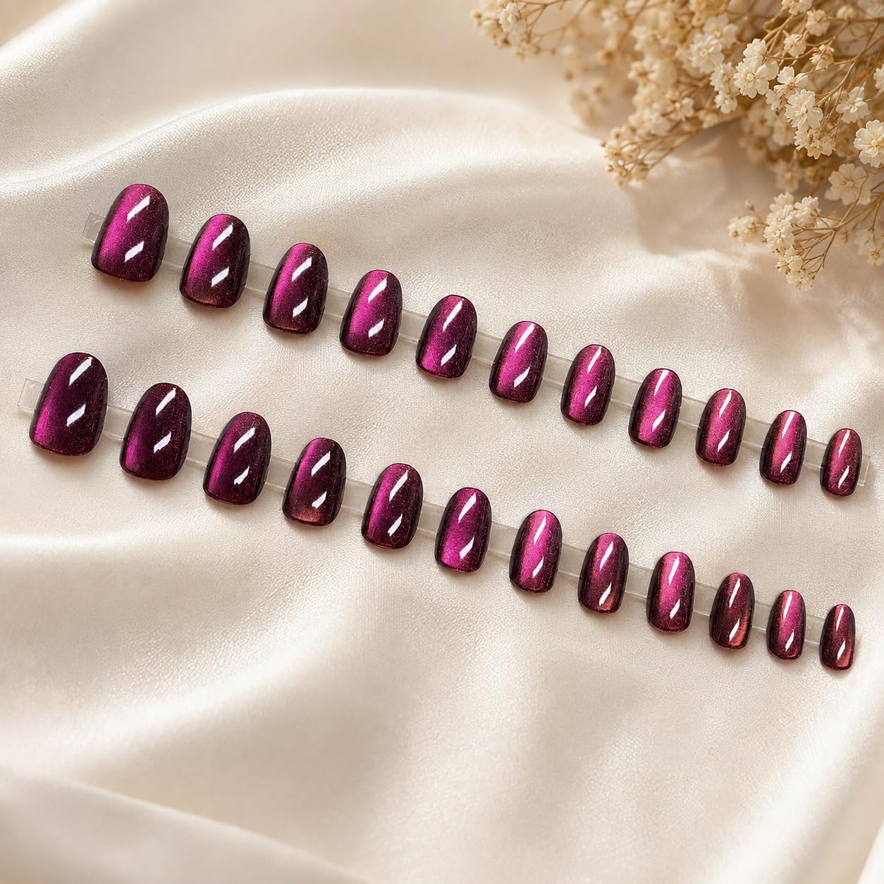 S.A.V.I Cat Eye Press on Nails Wine Burgundy Medium Round 24 Pcs