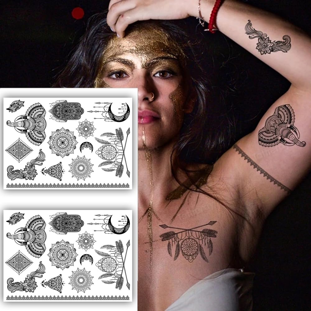 S.A.V.I 2 Sheets, Black Temporary Tattoo Stickers - Dreamcatcher, Elephant, Mandala, Tribal, Hamsa Designs for Women, 21x15 cm