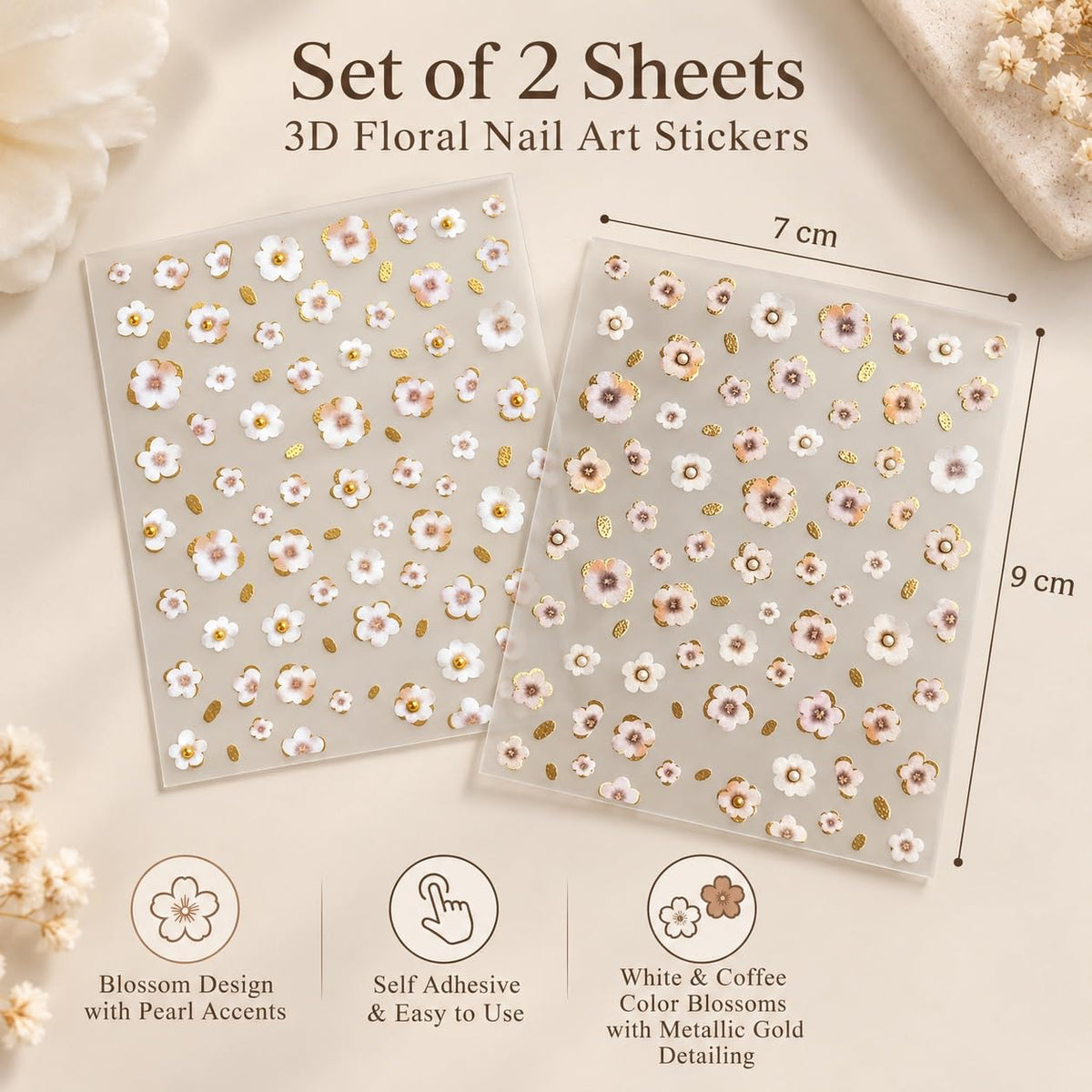 S.A.V.I 3D Floral Nail Art Stickers Self Adhesive Decals, 2 Sheets | White & Coffee Blossoms, Metallic Gold Detailing, Pearl Accents, DIY Manicure, 7 x 9 cm
