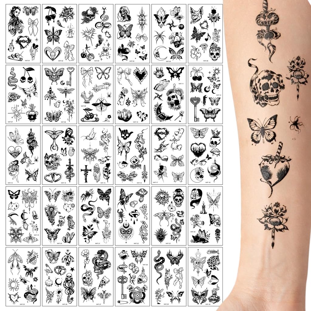 S.A.V.I 30 Sheets Black Temporary Tattoos for Women & Girls | Small Floral Butterfly Skull Designs 9.7x5.7 cm | Waterproof Non-Toxic Long Lasting Fake Body Art for Arms Shoulder Ankle (#316)