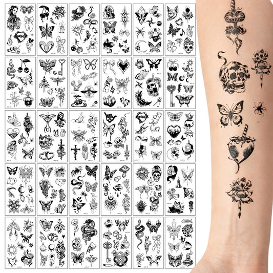 S.A.V.I 30 Sheets Black Temporary Tattoos for Women & Girls | Small Floral Butterfly Skull Designs 9.7x5.7 cm | Waterproof Non-Toxic Long Lasting Fake Body Art for Arms Shoulder Ankle (#316)
