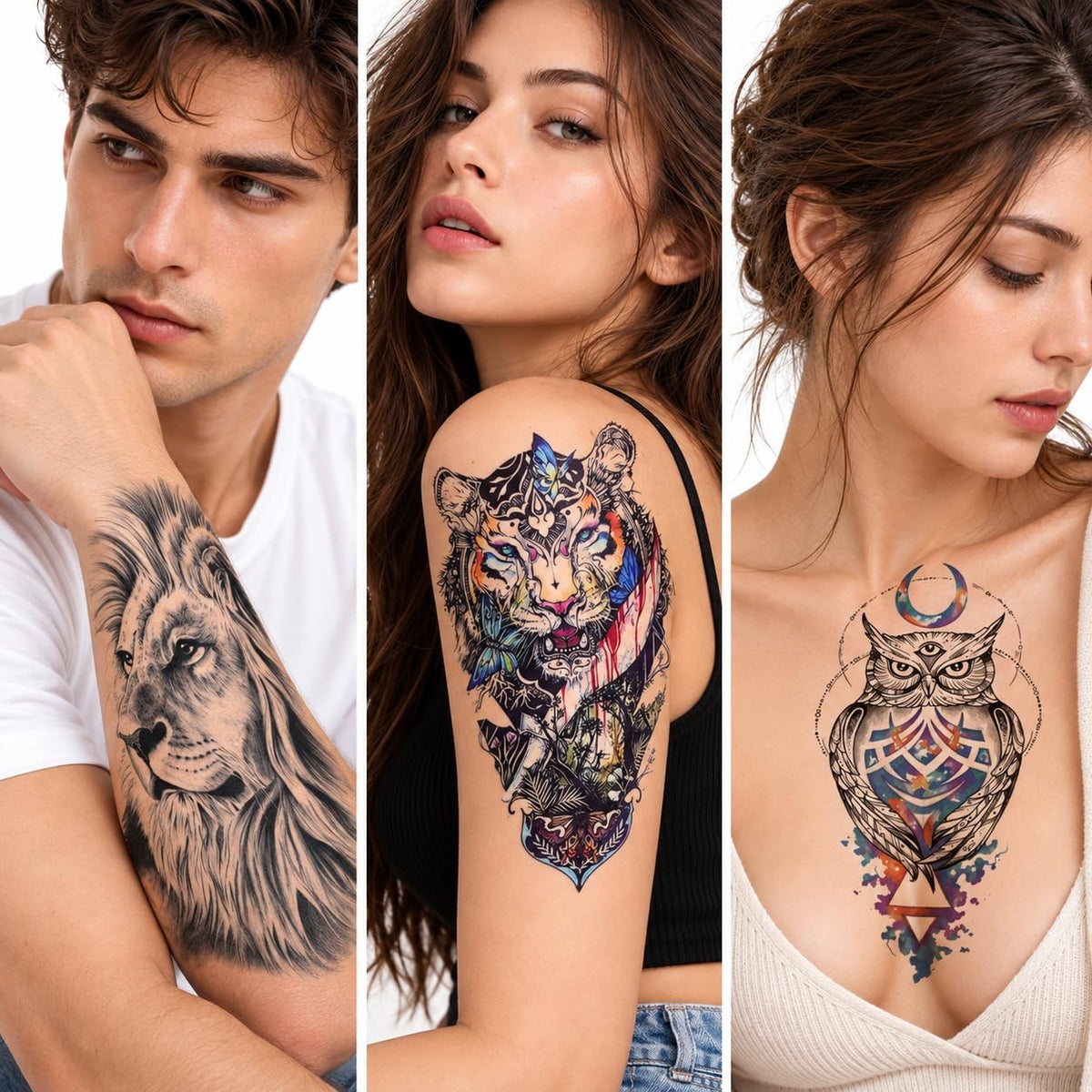 S.A.V.I Temporary Tattoo Stickers Lion Tiger Owl, 3 Sheets