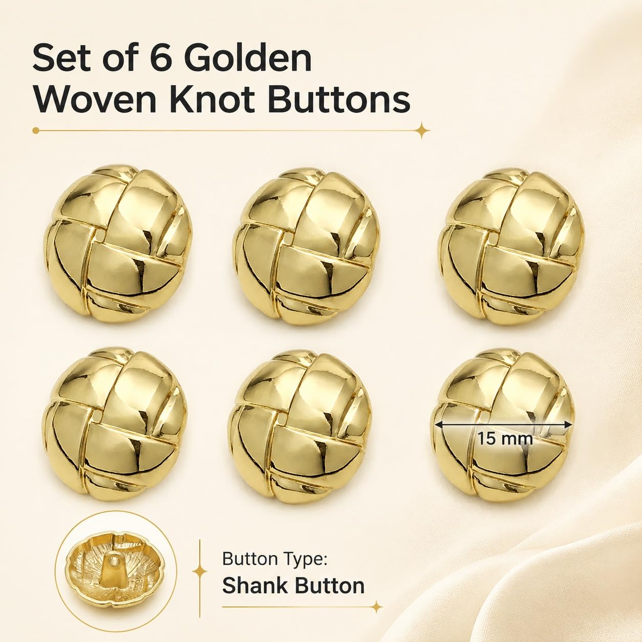 S.A.V.I Golden Buttons for Blazer 15mm, Set of 6 | Woven Knot Shank, Polished Metal Finish, Sewing Replacement, For Jackets & Coats, Craft Accessories