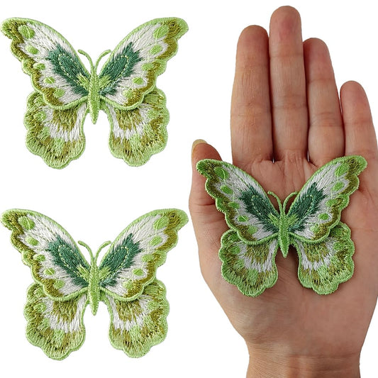 S.A.V.I 2PCS, Green  White Butterfly Embroidered Patch, Sew-On Appliqué, Perfect for DIY Crafts  Clothing – Durable, Washable, Ideal for Dresses, Jackets, Bags, 8x5.8 cm