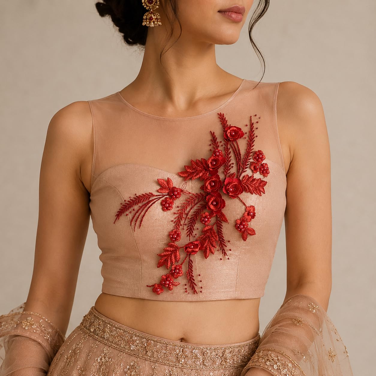 S.A.V.I Red Floral Embroidery Patch Sew-On Applique Kurti Blouse|3D Pearl Lace Motif 34x24 cm for Dresses, Gowns, Tops, DIY Craft & Custom Fashion