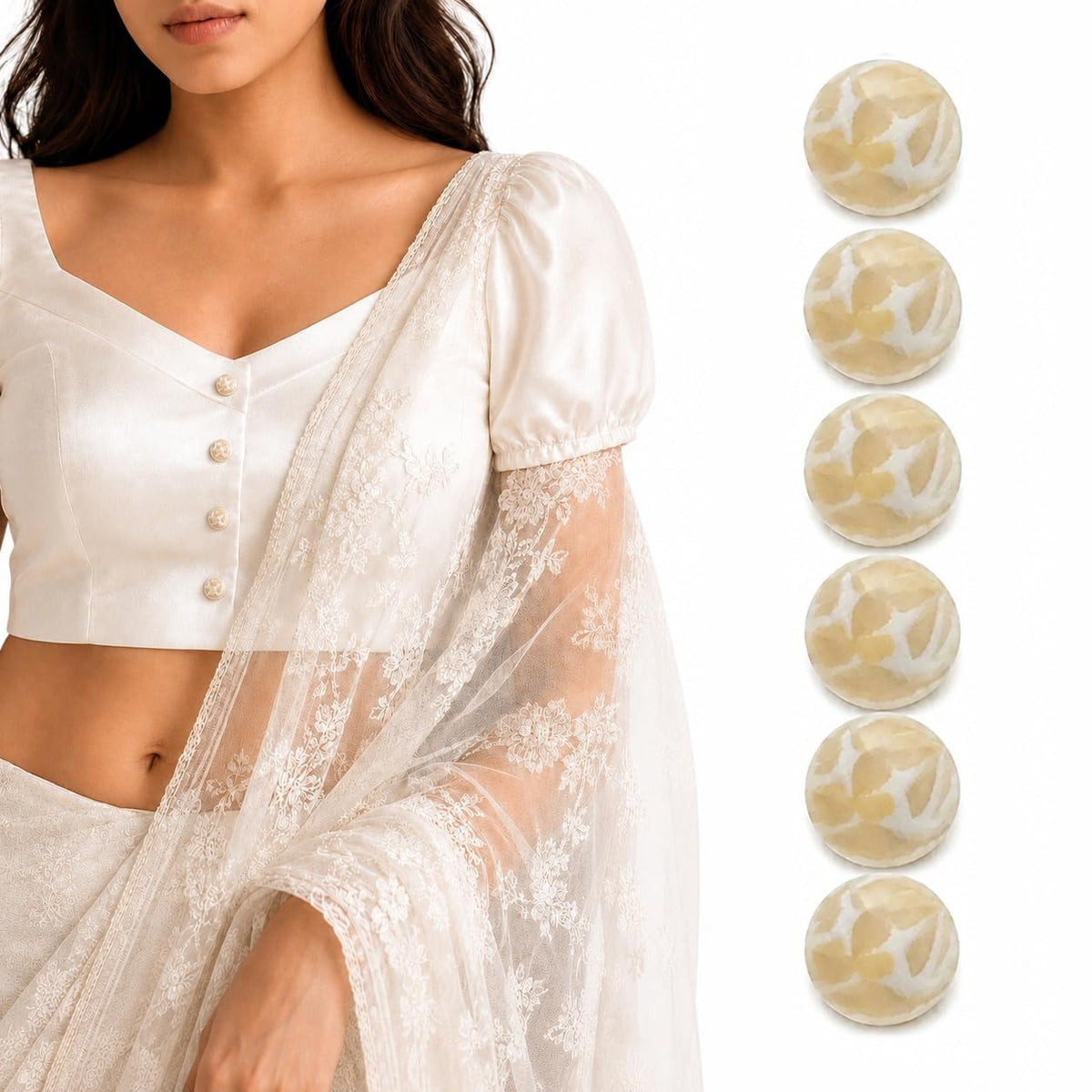 S.A.V.I Ivory Marble Shank Buttons with Gold Rim, 11.5 mm, Pack of 6 | Round Design, DIY Garment Craft, Blouse & Kurti Use, Cream-Tone Finish
