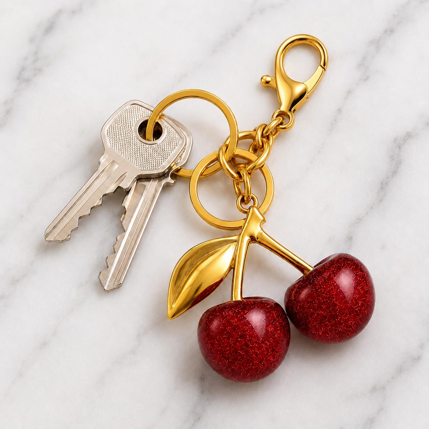 S.A.V.I Cherry Keychain for Women & Girls, Glitter Resin Gold Alloy Charm, Cute Bag Accessory, Purse Pendant, 13 x 7 cm Decorative Key Ring, Red Sparkle Finish, Durable Gift for Handbags & Backpacks