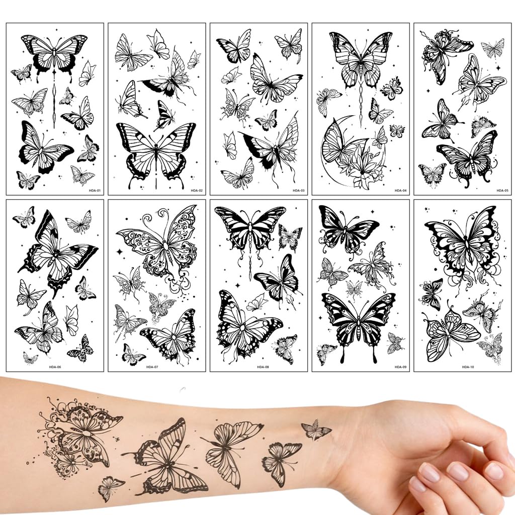 S.A.V.I Black Butterfly Temporary Tattoo Stickers for Women & Girls – 10 Sheets (12x6.8 cm) Floral Flying Design, Waterproof, Non-Toxic Safe Body Art for Hand, Arm, Shoulder & Ankle – Realistic Fine Line (#324)