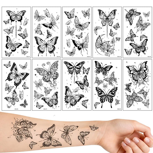 S.A.V.I Black Butterfly Temporary Tattoo Stickers for Women & Girls – 10 Sheets (12x6.8 cm) Floral Flying Design, Waterproof, Non-Toxic Safe Body Art for Hand, Arm, Shoulder & Ankle – Realistic Fine Line (#324)