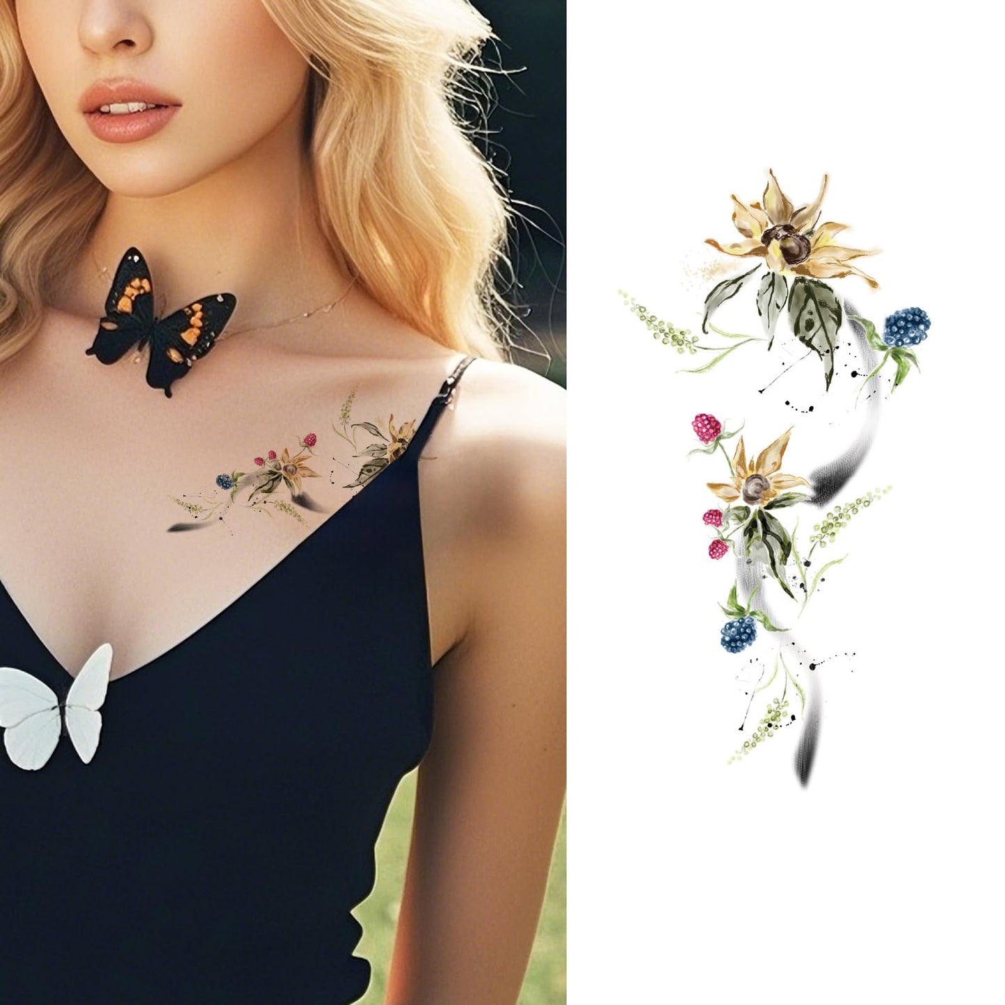 S.A.V.I Sunflower & Berry Floral Watercolor Temporary Tattoo 12 x 7.6 cm | Safe Non-Toxic Waterproof Skin Sticker | Long-Lasting Floral Body Art for Women & Girls – Arm/Shoulder/Collarbone – 1 Pc (47)